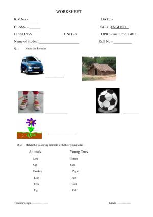 Worksheet for Class 1 English Assignment 33 One Little Kitten