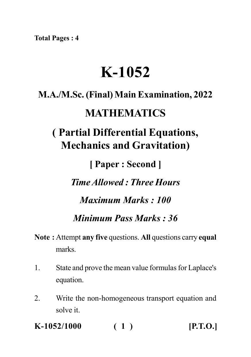 Sarguja University Question Paper - 2022 : M.A./M.Sc.(Final) Mathematics Partial Differential Equations,Mechanics & Gravitation Paper I - Page 1