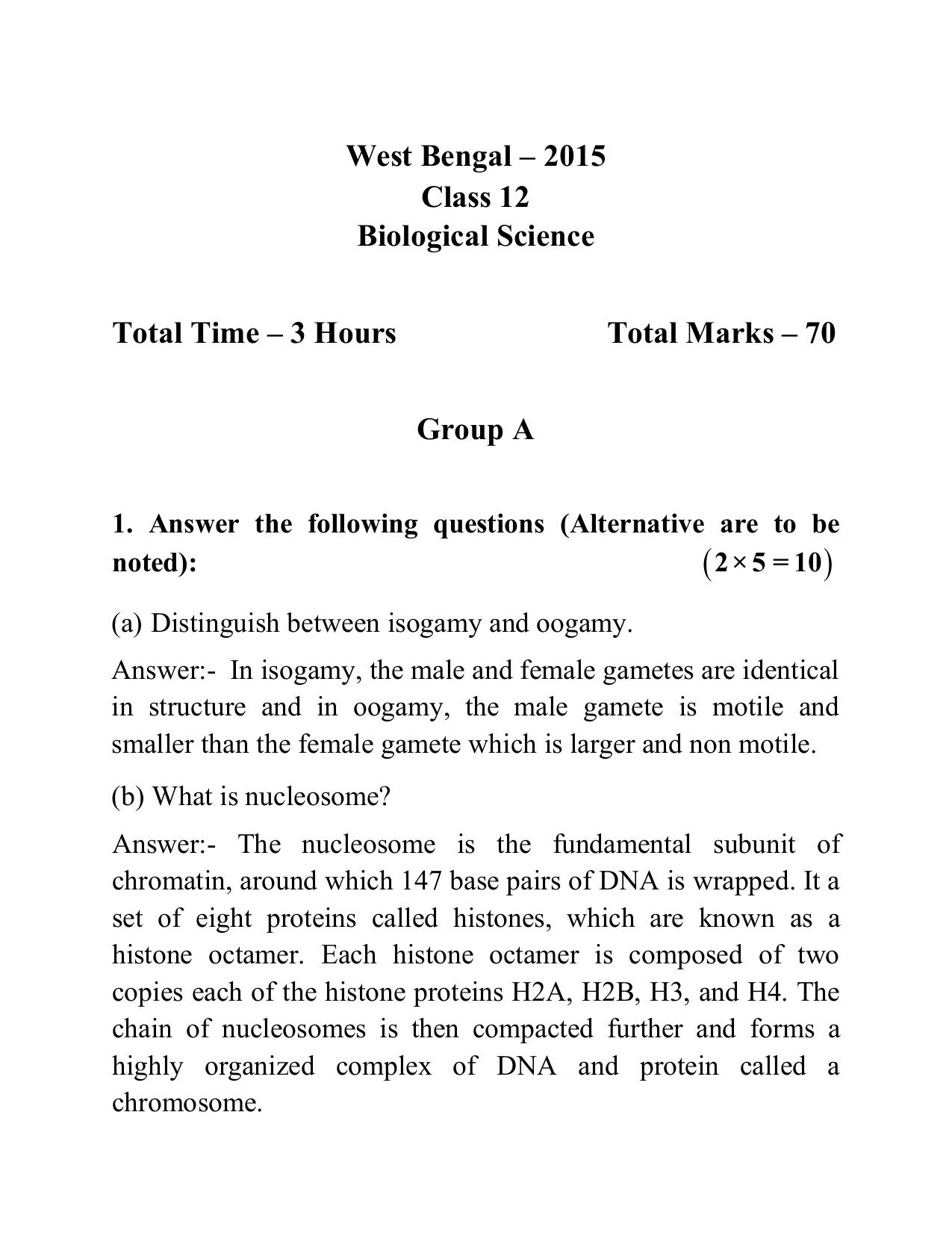 West Bengal Board Class 12 Biological Science 2015 Question Paper - Page 1