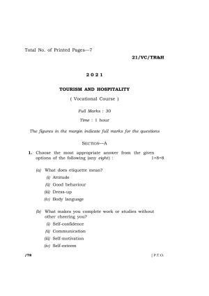 Meghalaya Board (MBOSE) Class 10 TOURISM AND HOSPITALITY (21-VC-TR&H) 2021 Question Paper