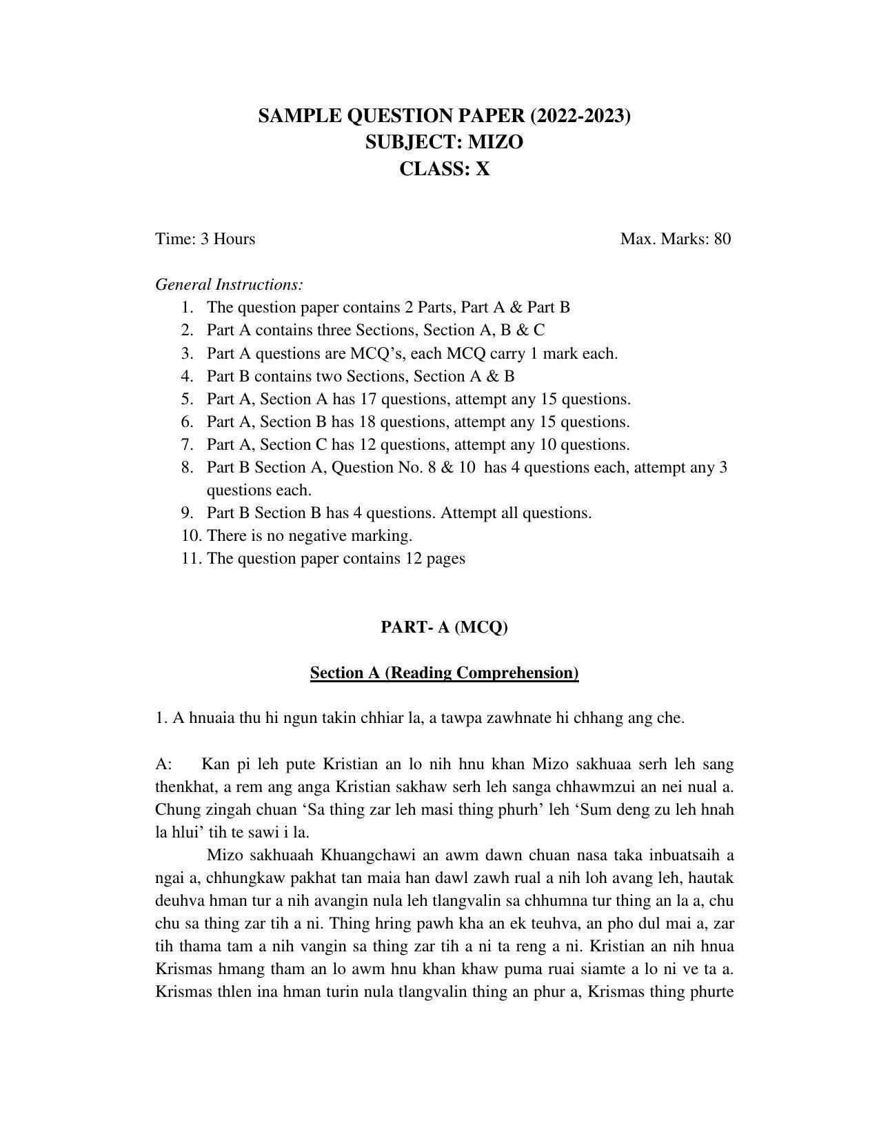 CBSE Class 10 Mizo Sample Papers 2023 - Page 1