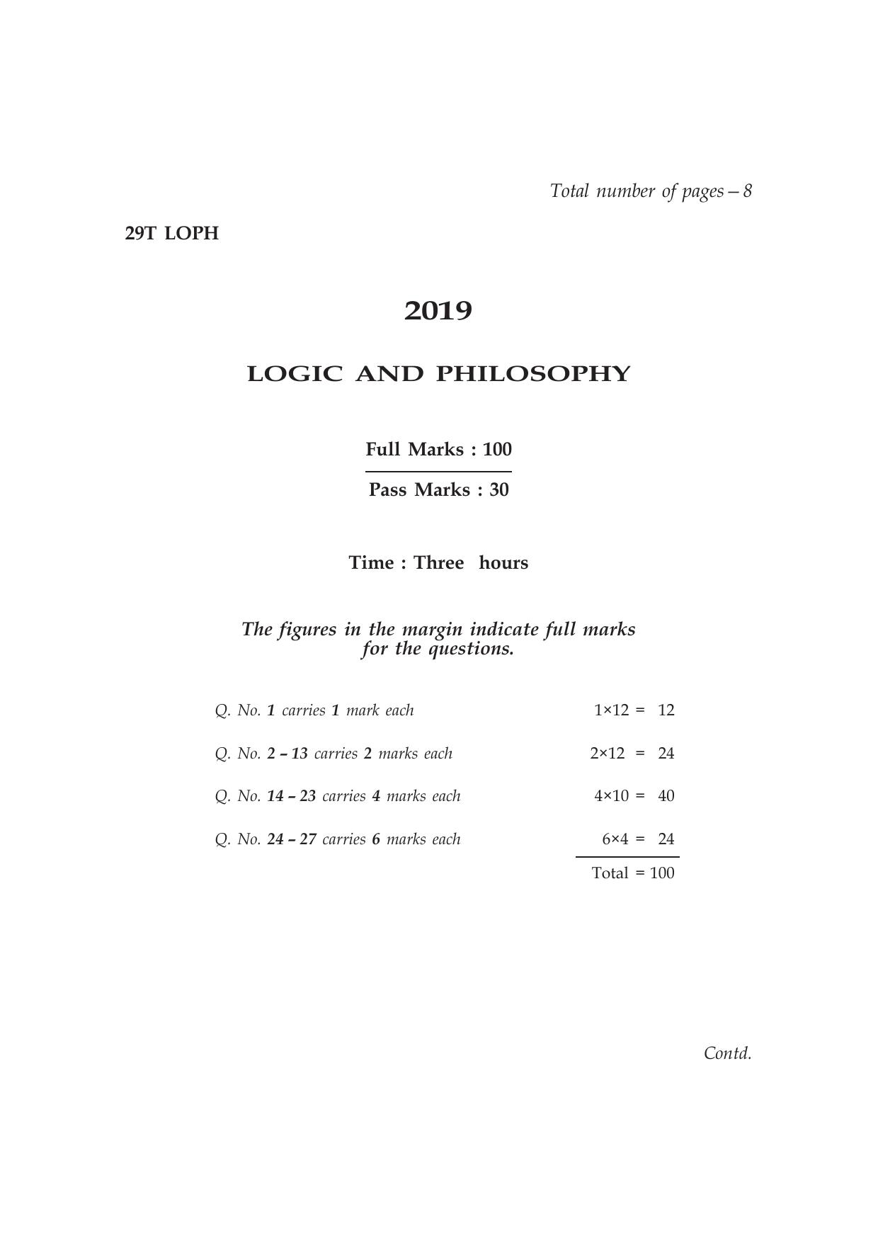 Assam HS 2nd Year Logic and Philosophy 2019 Question Paper - Page 1