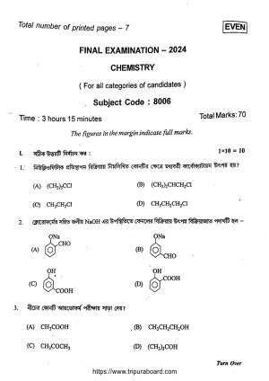 TBSE Class 12 Chemistry (Even) Question Paper 2024