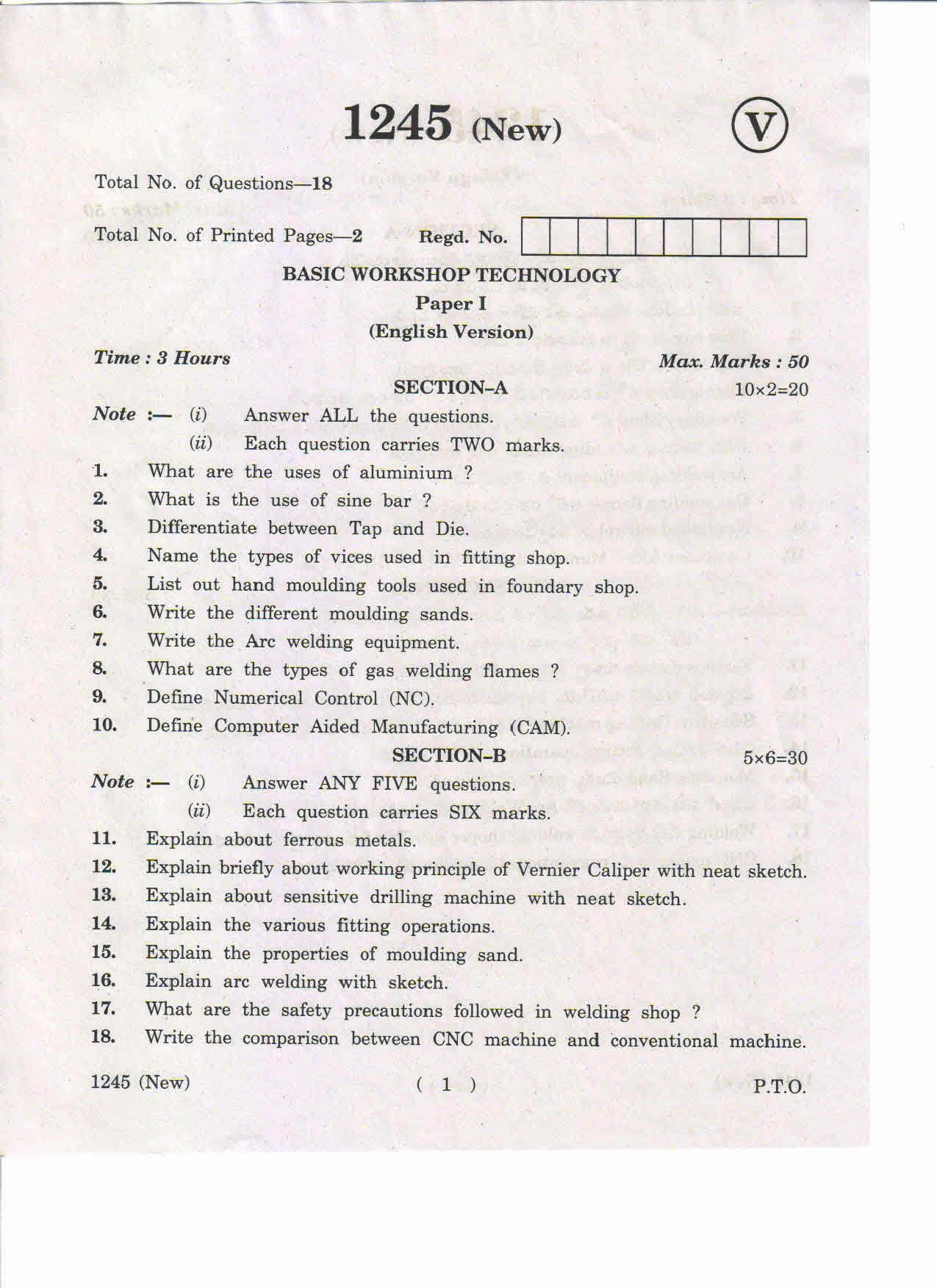 AP Inter. 2nd Year Vocational Question Paper May – 2019 - Basic Workshop Technology-I(New) - Page 1