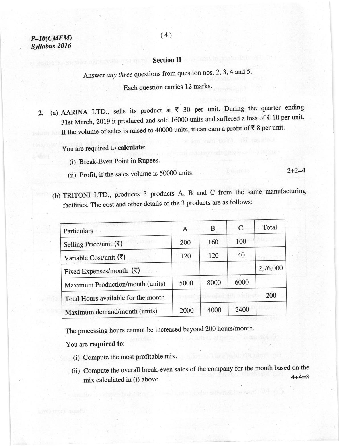 ICMAI June 2019 Cost & Management Accounting and Financial Management Question Paper  - Page 4