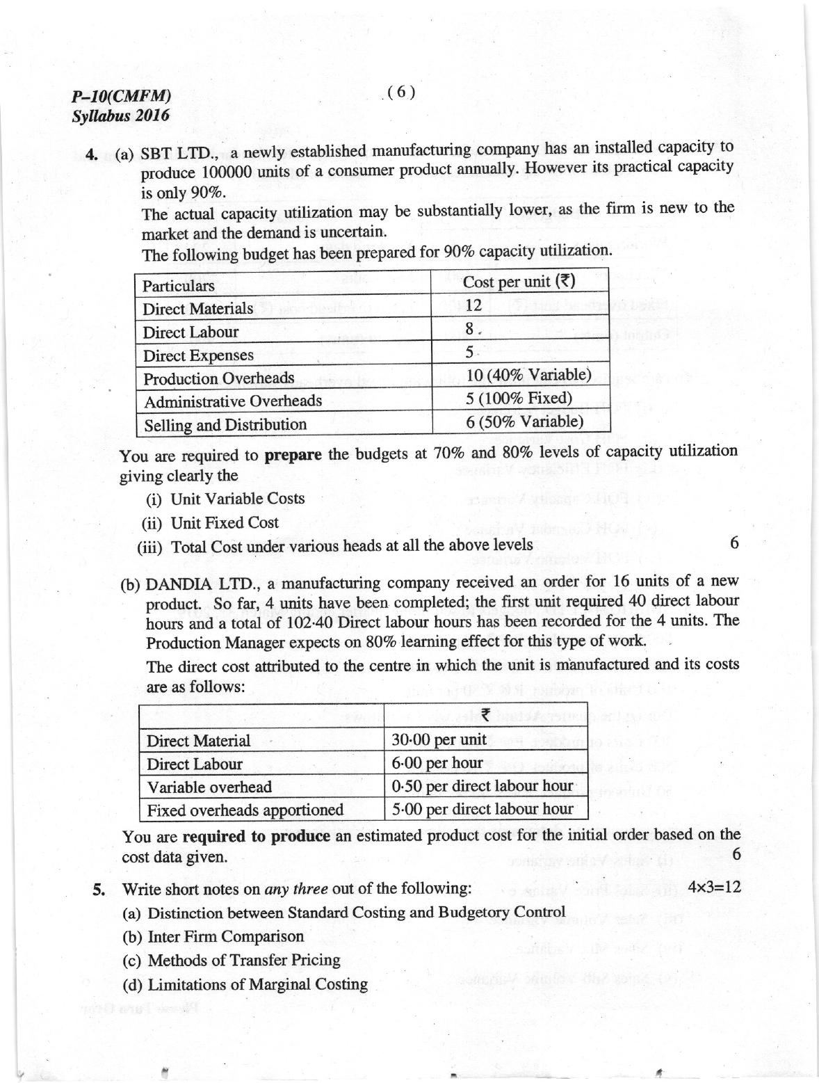 ICMAI June 2019 Cost & Management Accounting and Financial Management Question Paper  - Page 6
