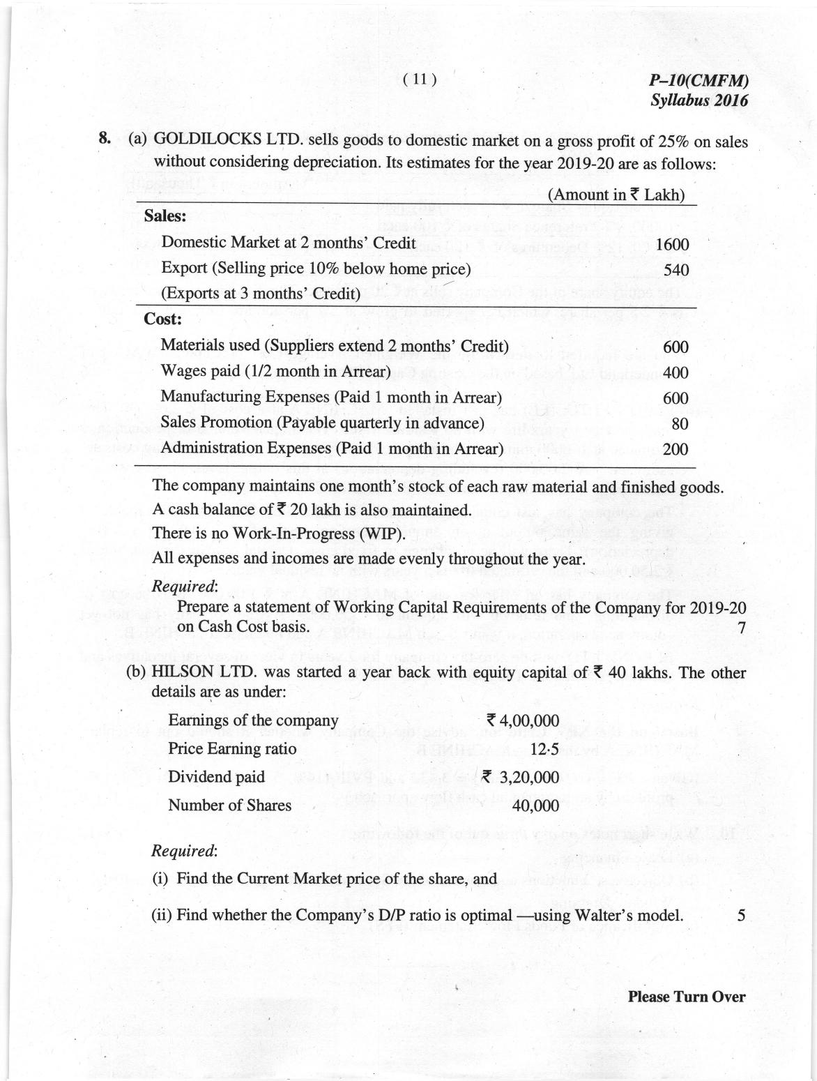 ICMAI June 2019 Cost & Management Accounting and Financial Management Question Paper  - Page 11