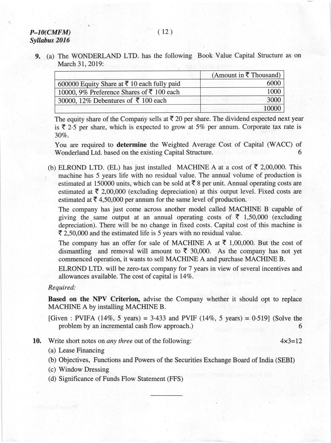 ICMAI June 2019 Cost & Management Accounting and Financial Management Question Paper  - Page 12