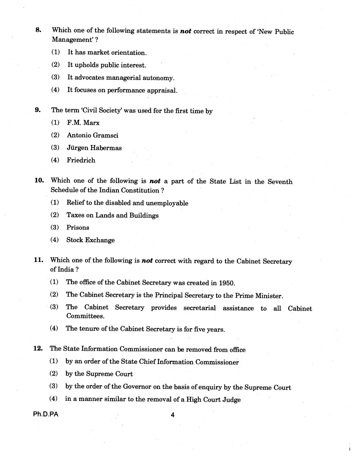 IGNOU PhD Entrance Test Ph.D (Public Administration) 2018 Question Paper - Page 4