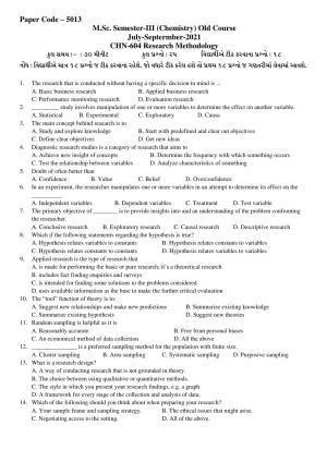 Hemchand North Gujarat University Sample Paper July-Sept 2021: M.Sc. Semester-III  CH N - 604 Research Methodology Paper Code – 5013 (Old Course)