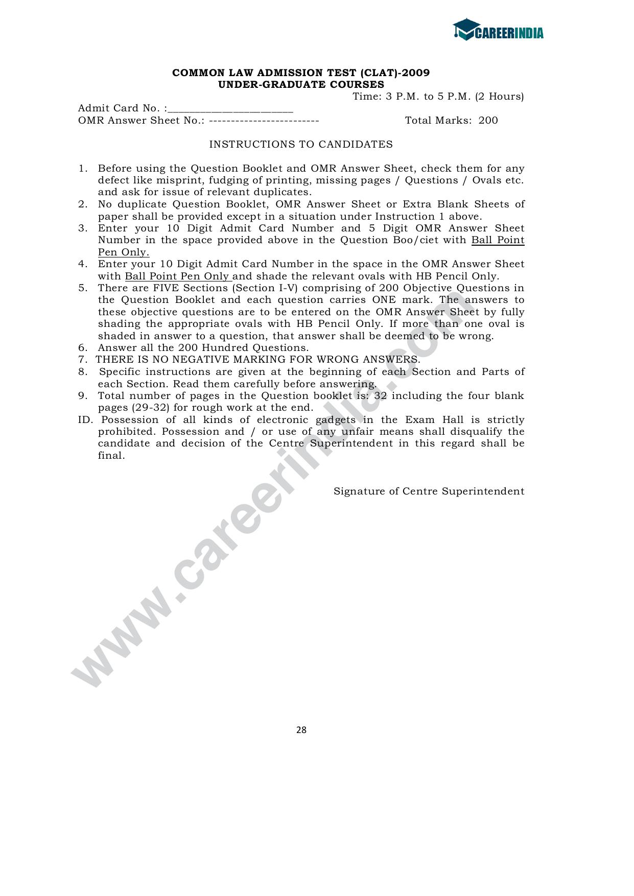 CLAT 2009 UG Sample Question Paper - Page 1