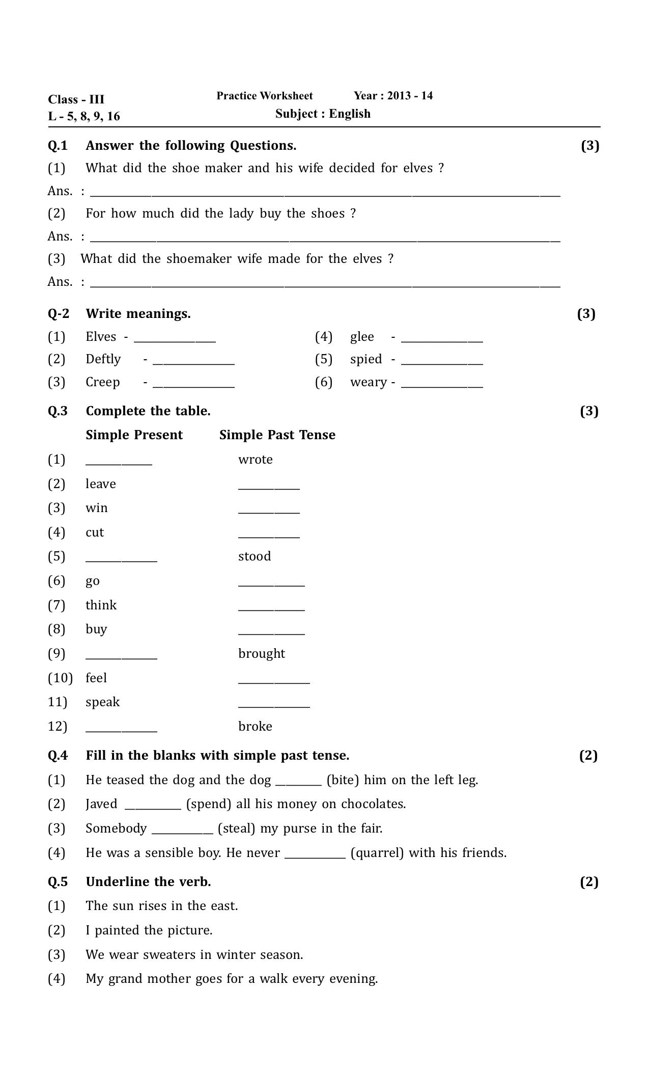 Worksheet for Class 3 English Assignment 15 - Page 1