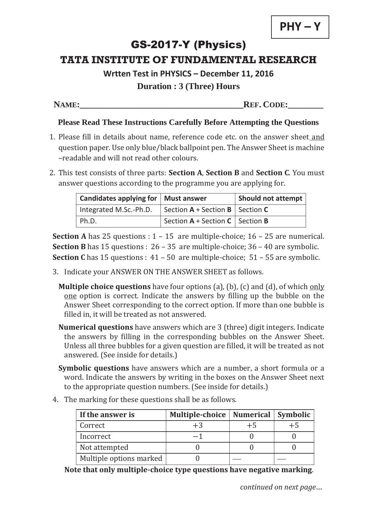 TIFR GS 2017 Physics Y Question Paper - Page 1