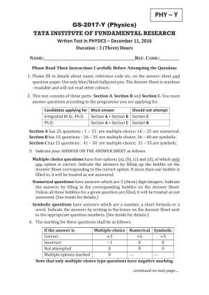 TIFR GS 2017 Physics Y Question Paper