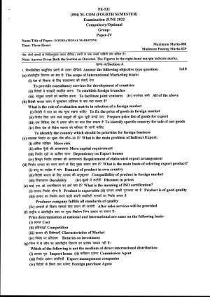Bilaspur University Question Paper June 2022:M.COM (Fourth Semester) International Marketing Paper 1