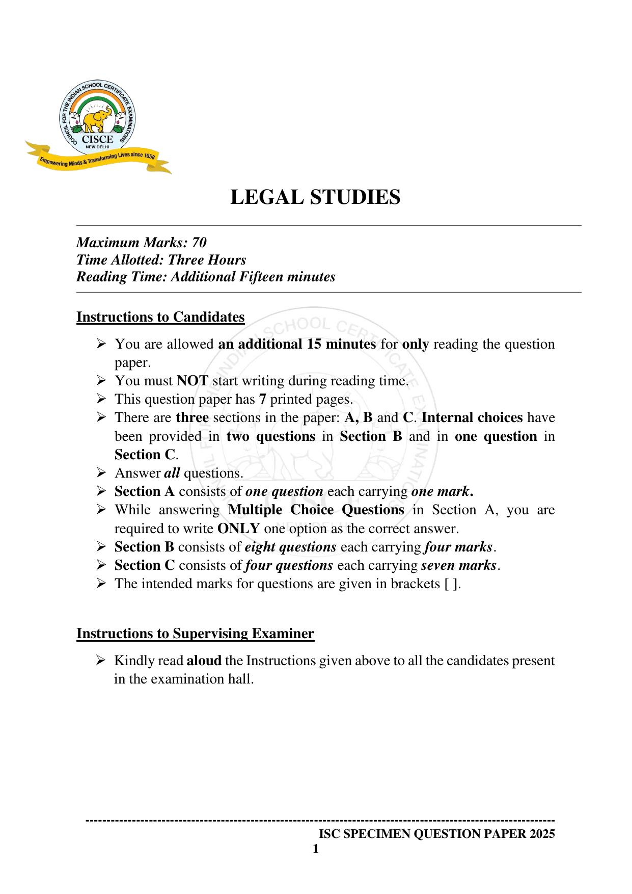 ISC Class 12 2025 LEGAL STUDIES (SQP & AK) Specimen Paper - Page 1