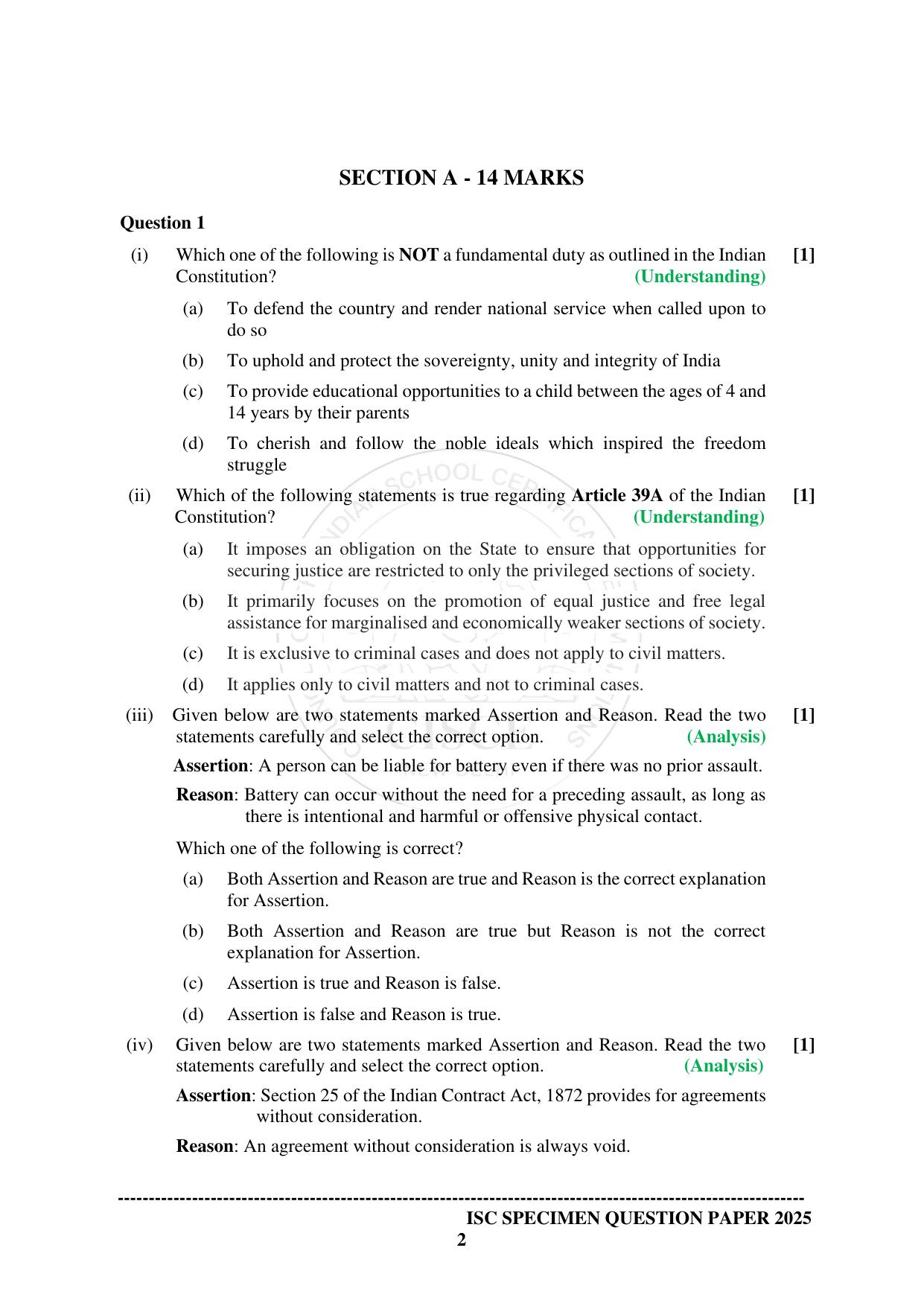 ISC Class 12 2025 LEGAL STUDIES (SQP & AK) Specimen Paper - Page 2