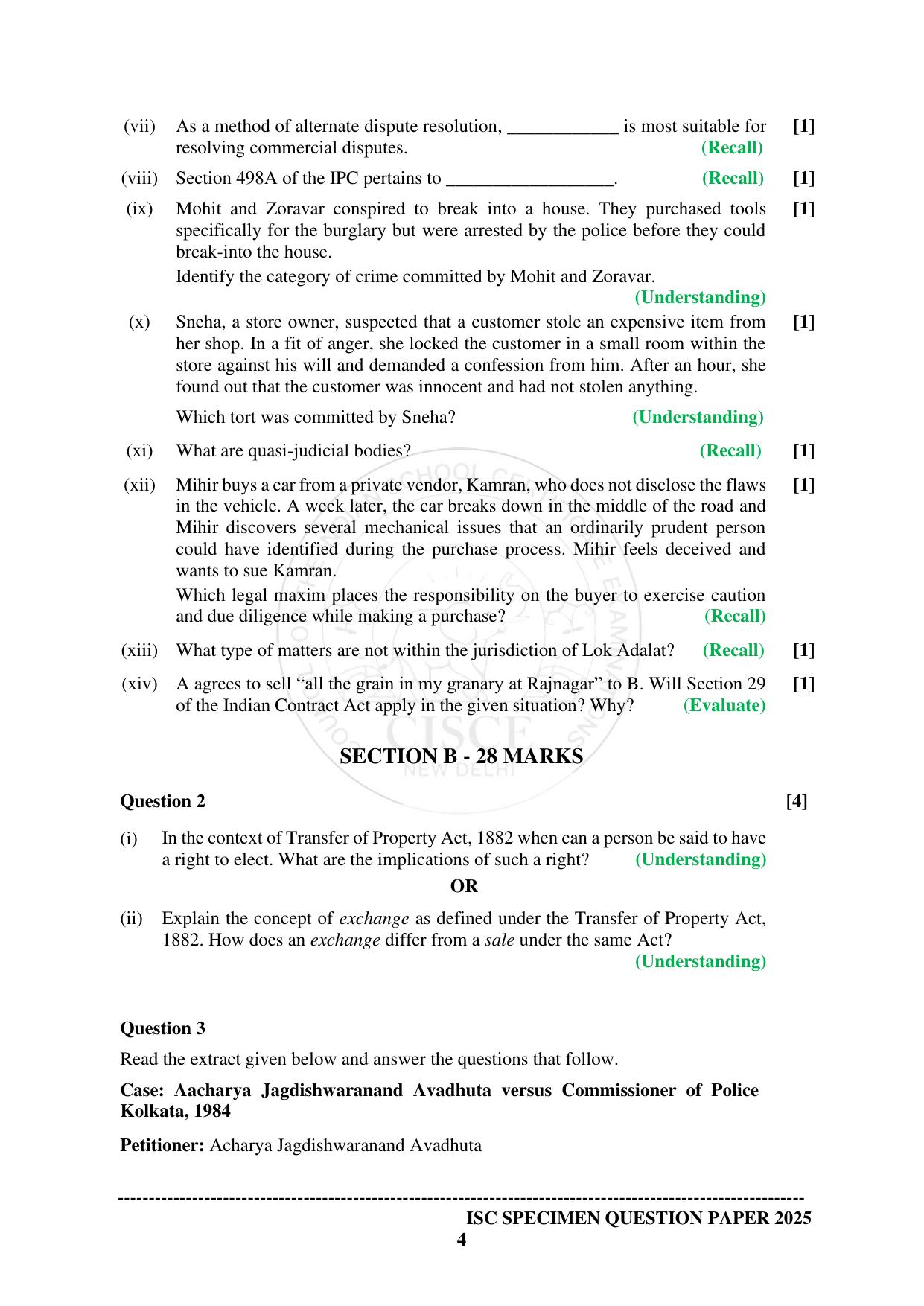 ISC Class 12 2025 LEGAL STUDIES (SQP & AK) Specimen Paper - Page 4