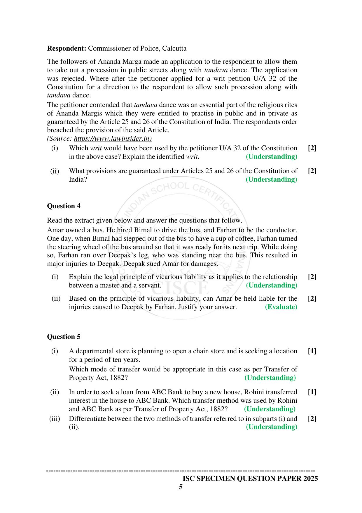 ISC Class 12 2025 LEGAL STUDIES (SQP & AK) Specimen Paper - Page 5