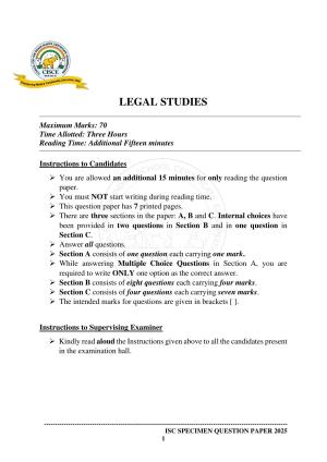 ISC Class 12 2025 LEGAL STUDIES (SQP & AK) Specimen Paper