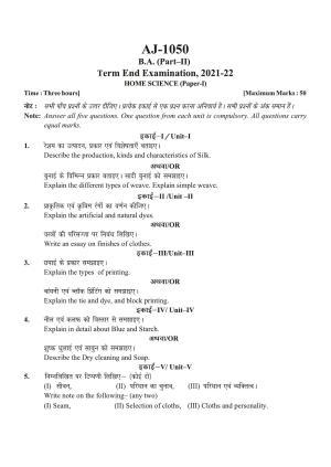 Bilaspur University Question Paper 2021-2022:B.A. Part-II (Two) Home Science Paper 1
