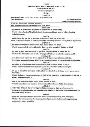 Bilaspur University Question Paper June 2022:M.A. Education (Fourth Semester) Value Education And Human Righta Paper 1