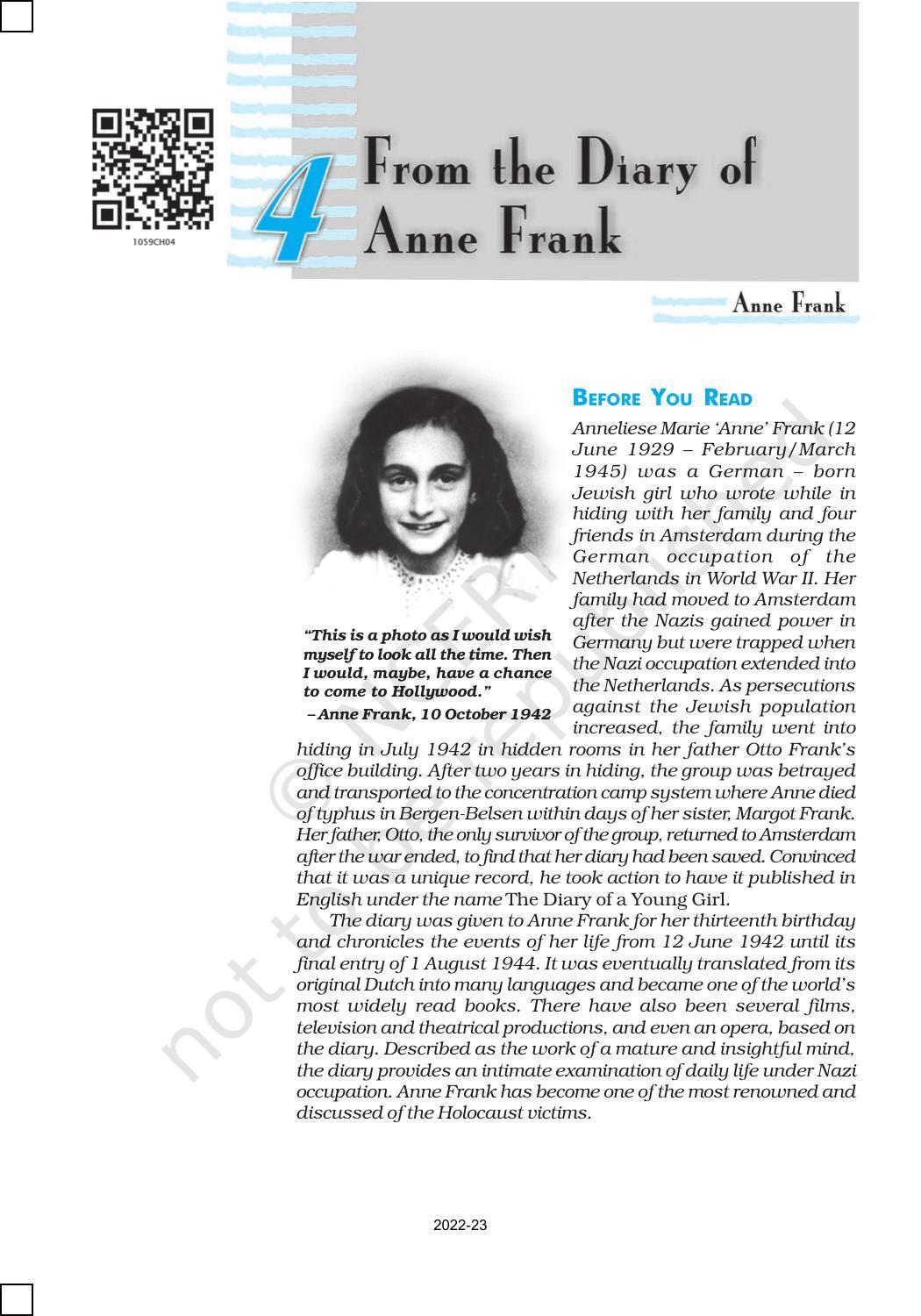 NCERT Book for Class 10 English (First Flight) Chapter 4 From the Diary of Anne Frank - Page 1