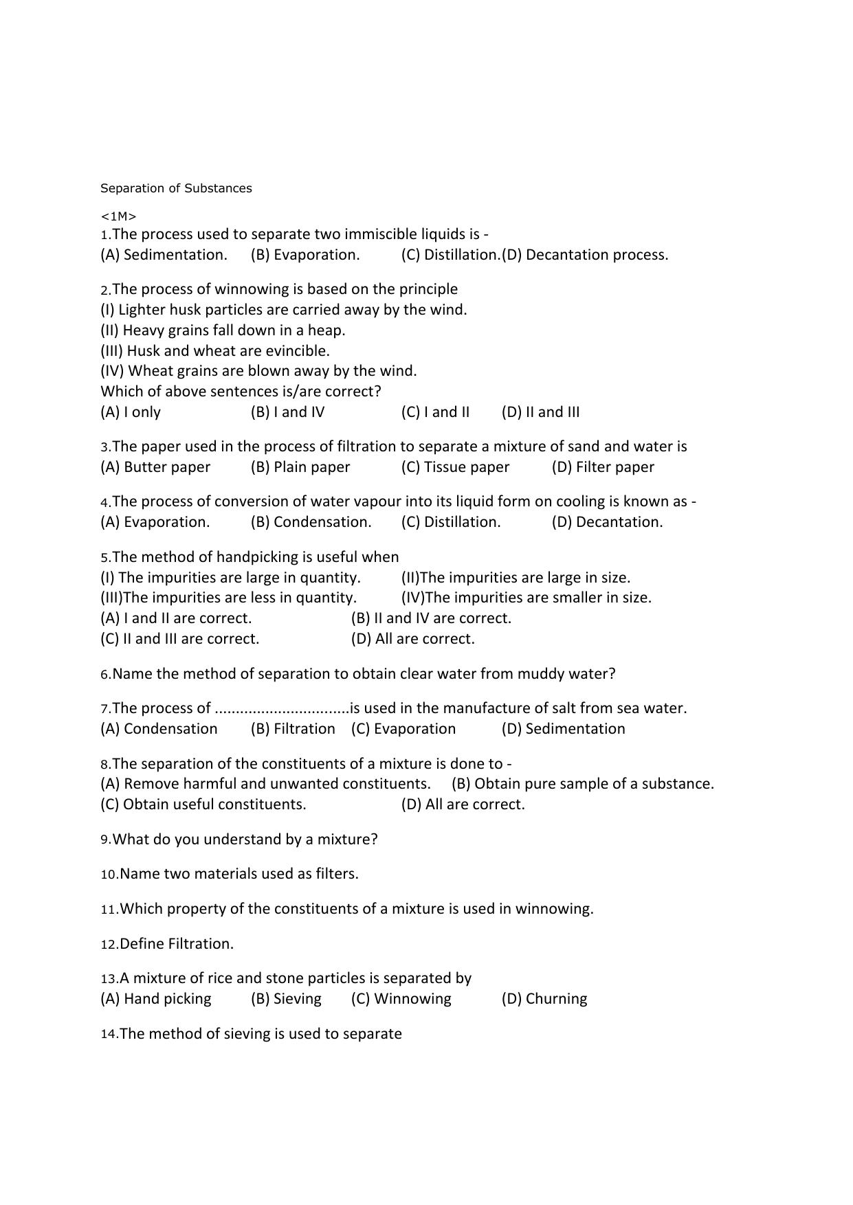 CBSE Worksheets for Class 6 Science Separation of Substances Assignment 2 - Page 1
