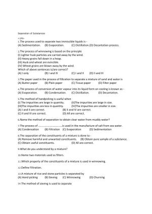 CBSE Worksheets for Class 6 Science Separation of Substances Assignment 2