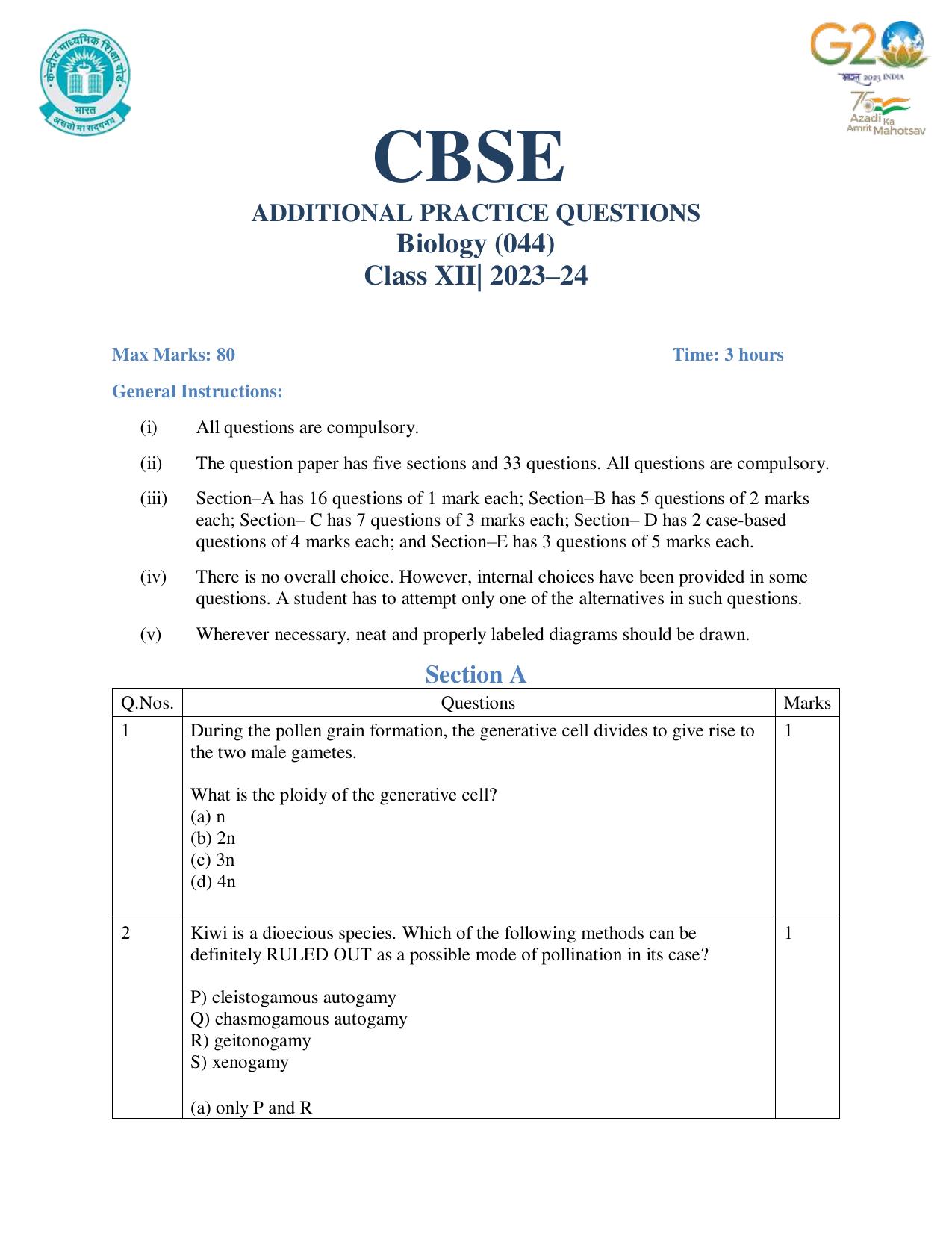 CBSE Class 12 Biology SET 1 Practice Questions 2023-24  - Page 1