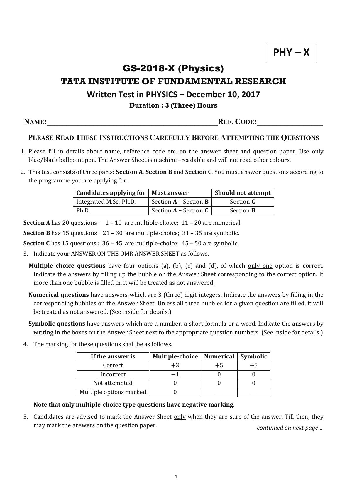 TIFR GS 2018 Physics Question Paper - Page 1