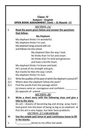 Worksheet for Class 4 English Assignment 69 Open Book