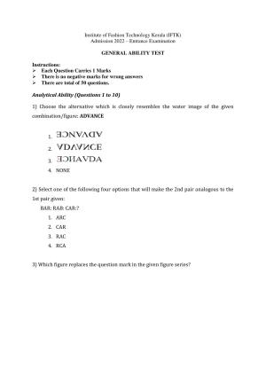 IFTK Entrance Exam General Ability Test Question Papers 2022