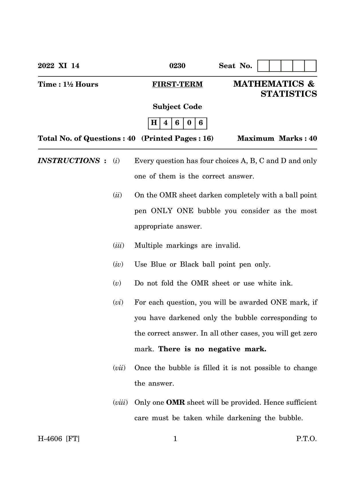 Goa Board Class 12 Mathematics & Statistics (November 2022) Question Paper - Page 1
