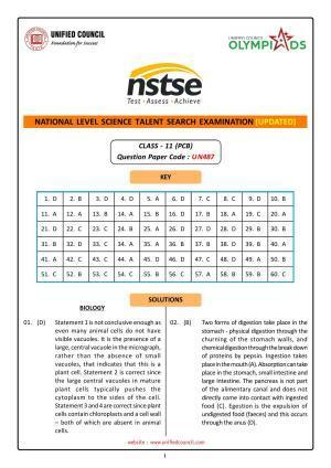 NSTSE 2023 Class 11 PCB Answer Key (Paper Code 487)