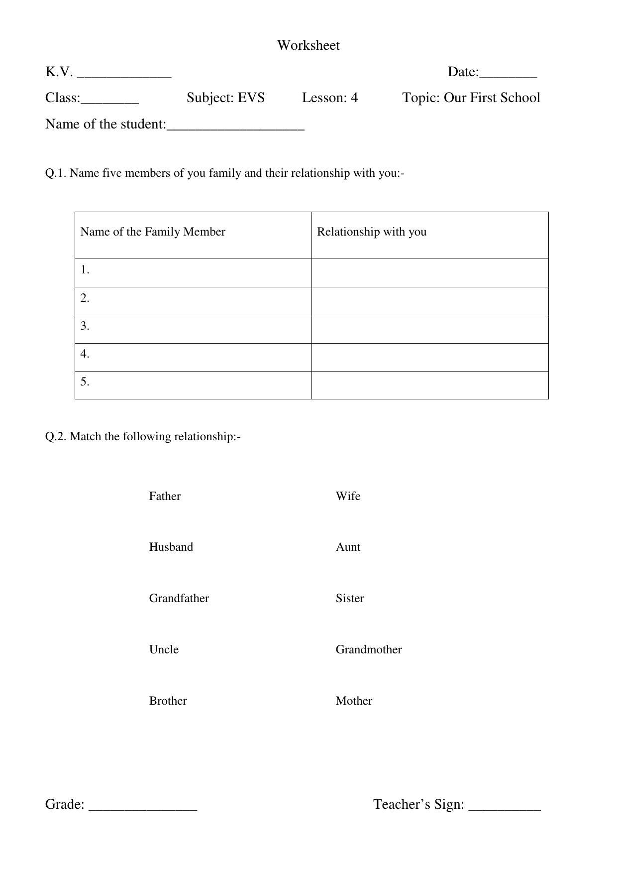Worksheet for Class 3 EVS Assignment 85 Our First School - Page 1