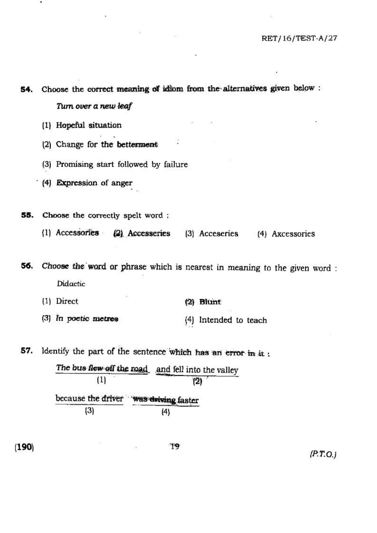 BHU RET (Agriculture) RET-16-TEST-A-27 2016 Question Paper - Page 19