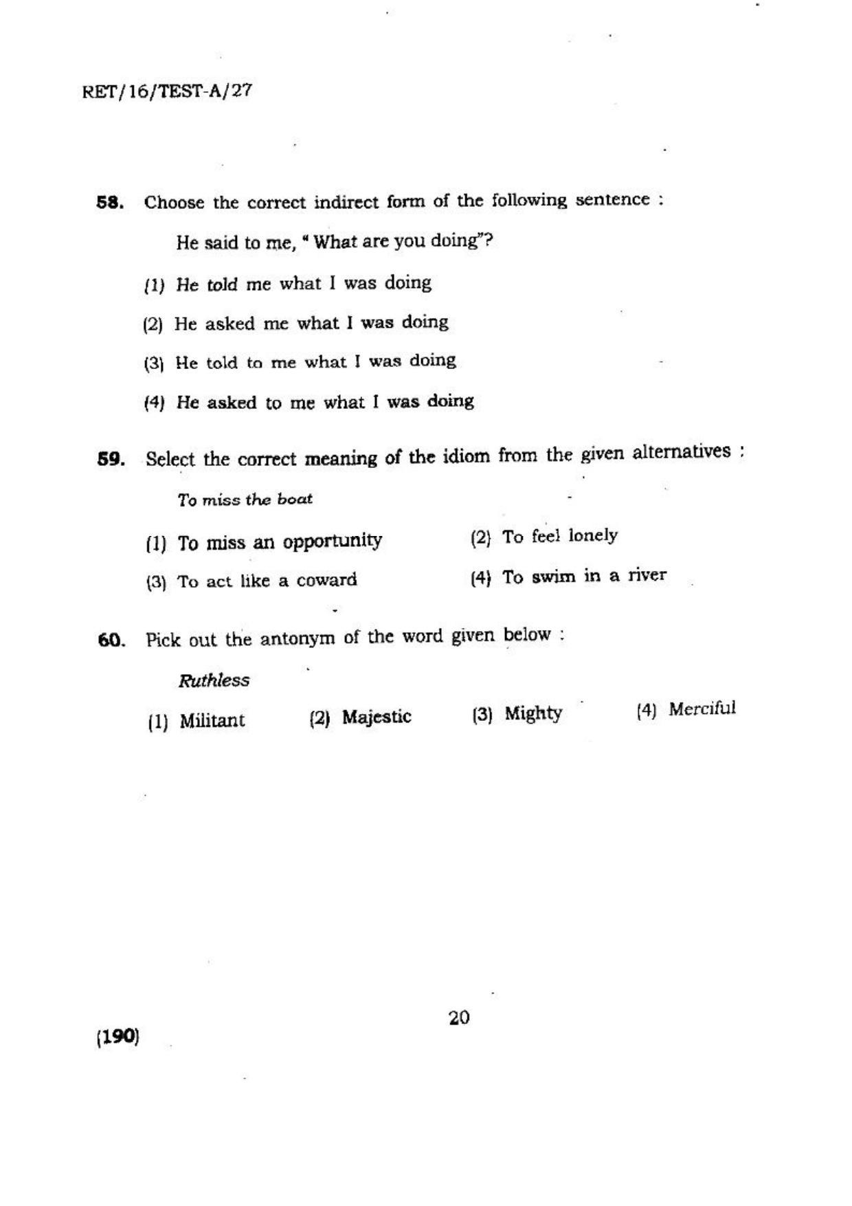 BHU RET (Agriculture) RET-16-TEST-A-27 2016 Question Paper - Page 20