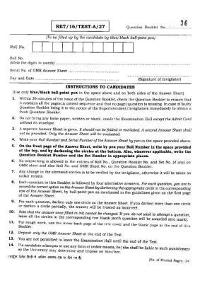 BHU RET (Agriculture) RET-16-TEST-A-27 2016 Question Paper