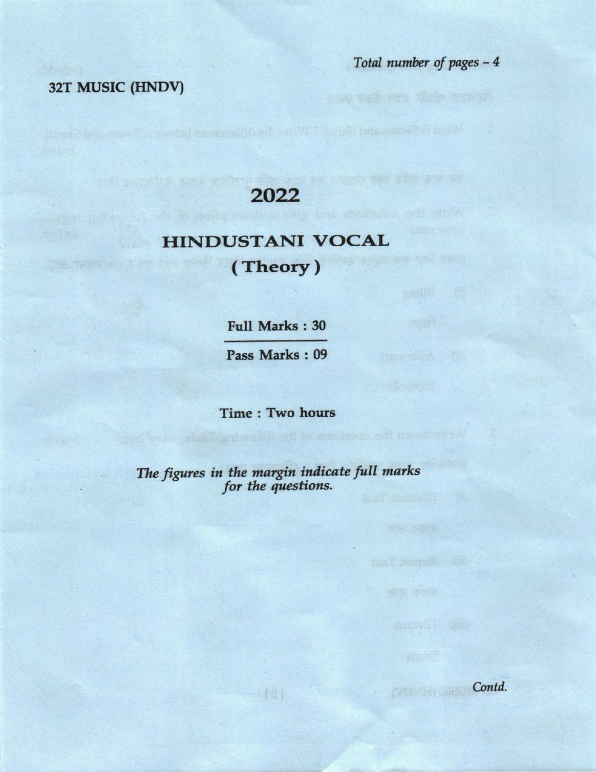 AHSEC Class 12 Hindustani Vocal Question Papers 2022 - Page 1