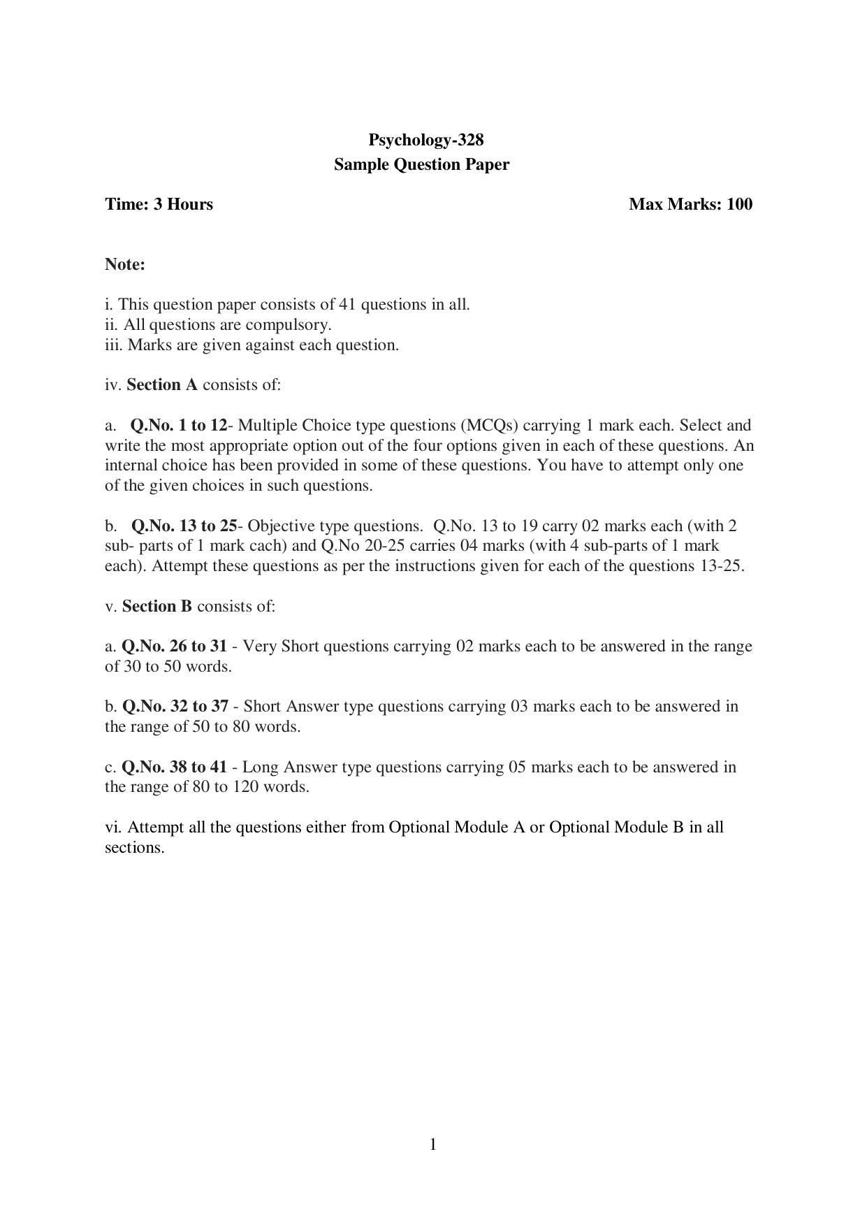 NIOS Class 12 Psychology (Old) Sample Paper - Page 1