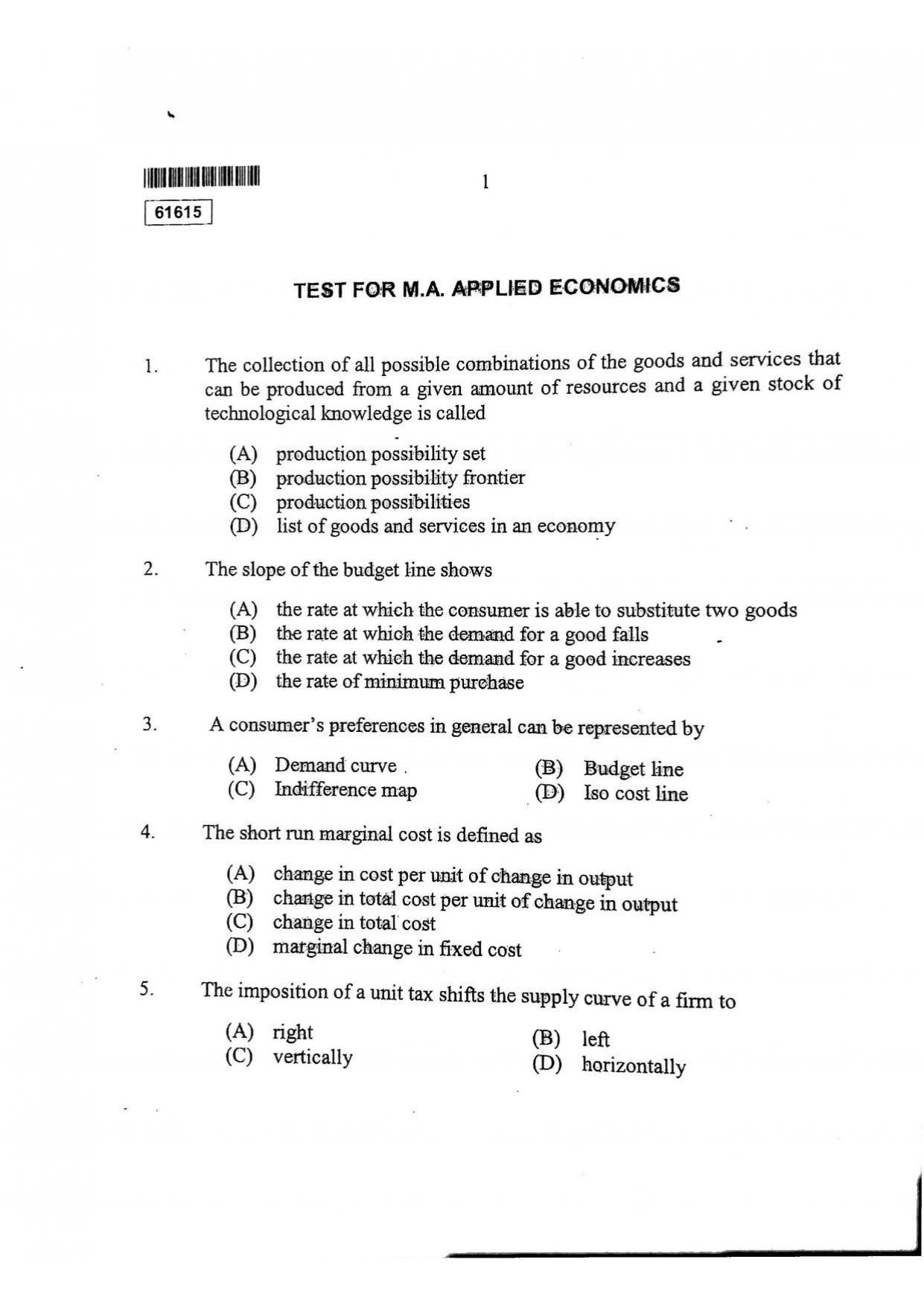CUSAT CAT 2015 Applied Economics Question Paper - Page 2