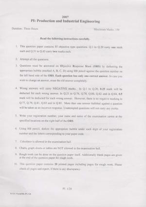 GATE 2007 Production and Industrial Engineering (PI) Question Paper with Answer Key