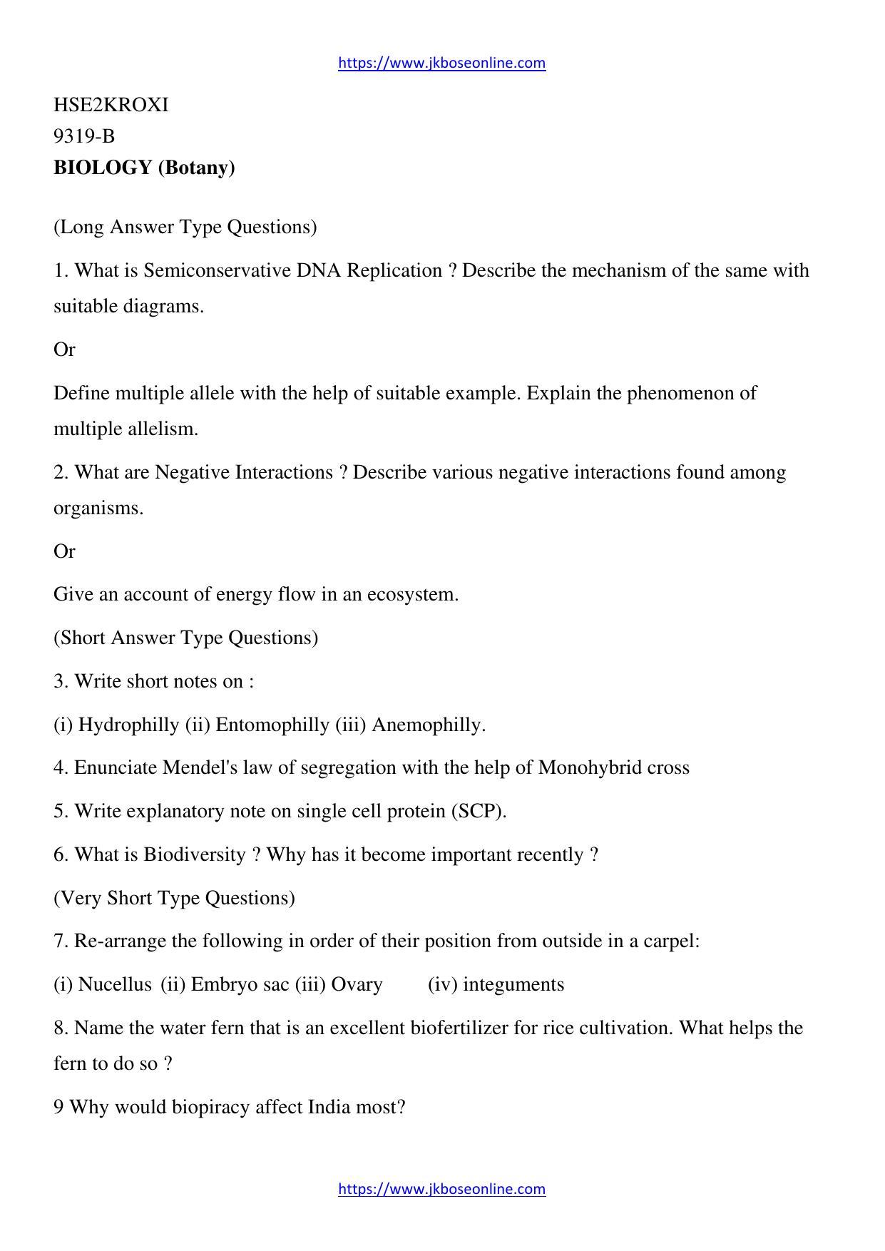 JKBOSE Class 12 Biology-Botany Question Papers 2011 (9319-B) - Page 1