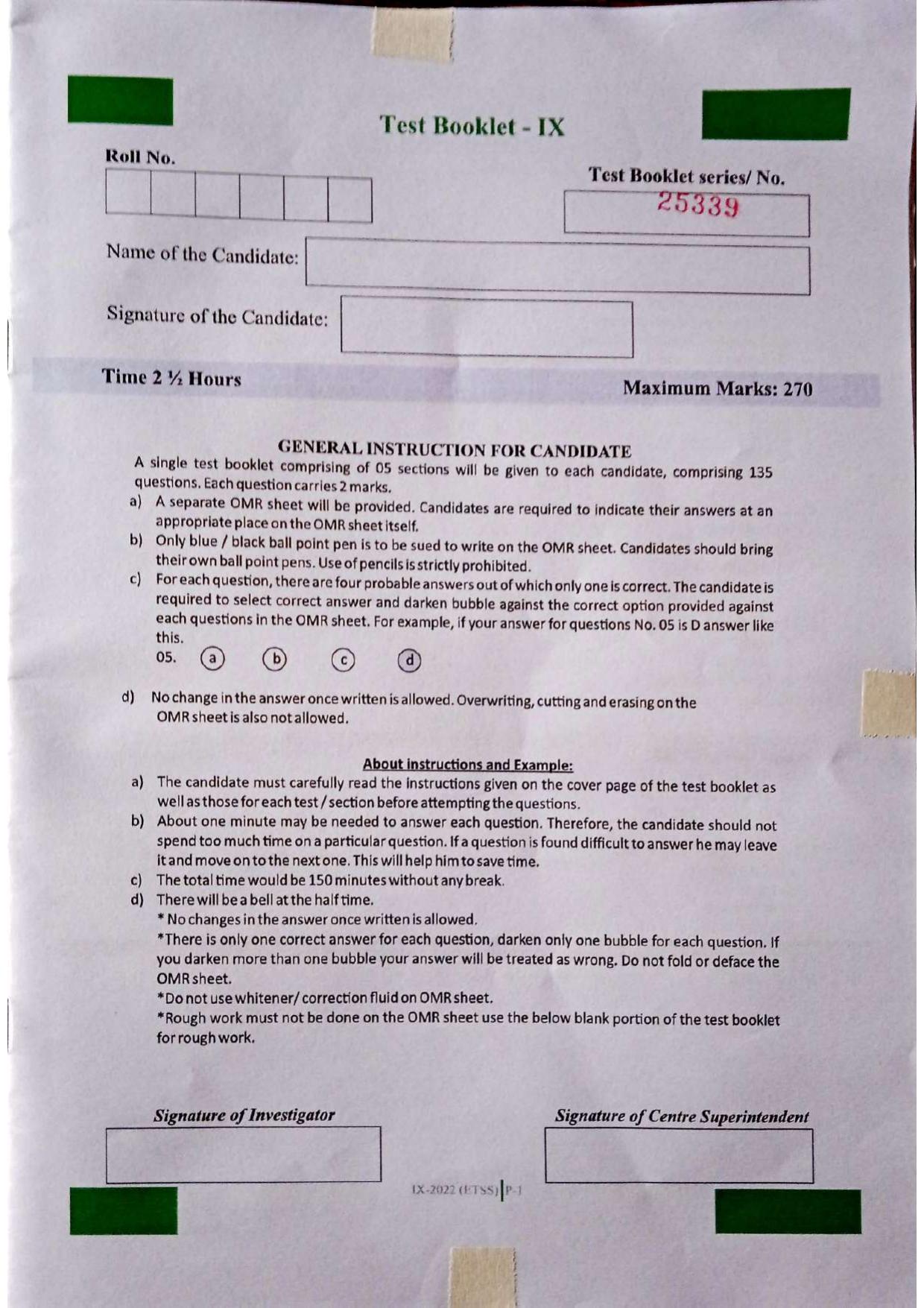 JKSSEE 2022 Class 9 Question Paper - Page 1