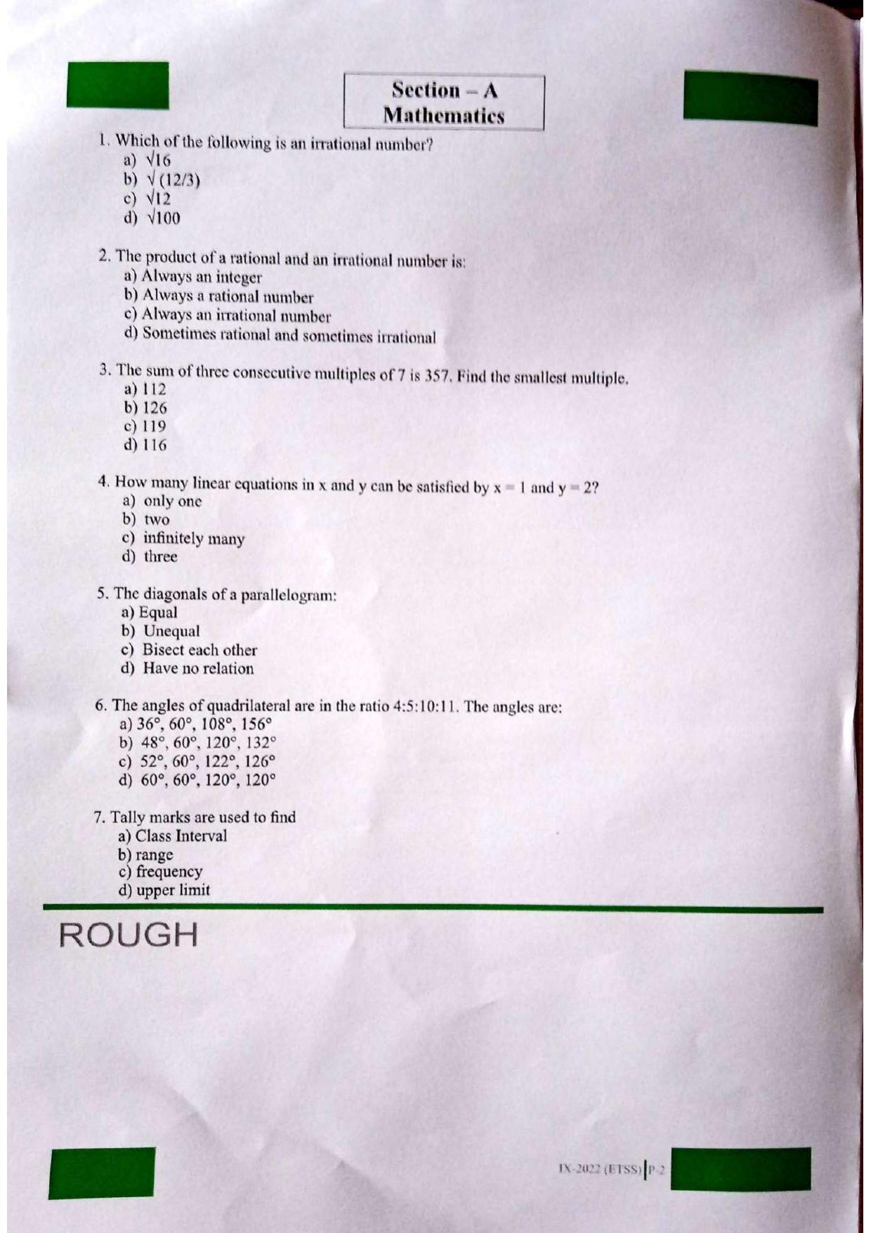 JKSSEE 2022 Class 9 Question Paper - Page 2