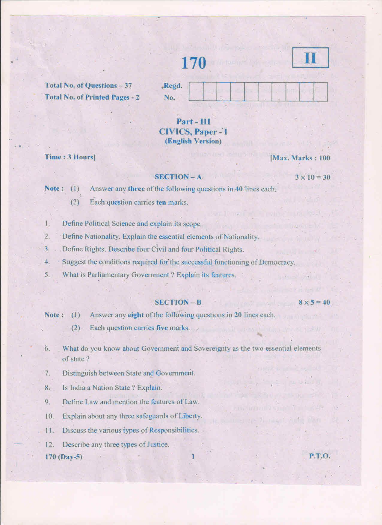 AP Inter 1st Year Civics-I (EM) May-2018 (General) Question Paper - Page 1