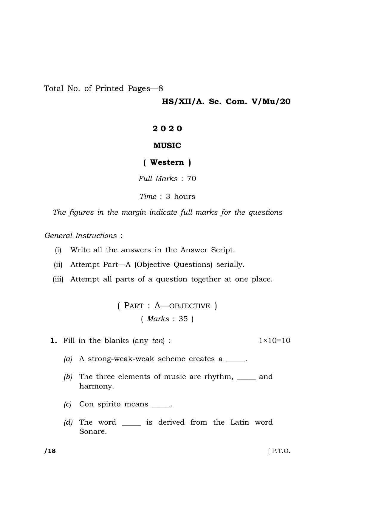 Meghalaya Board (MBOSE) Class 12 MUSIC 2020 Question Paper - Page 1