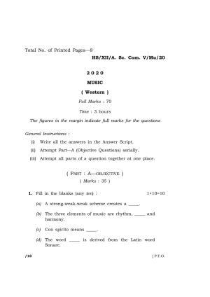 Meghalaya Board (MBOSE) Class 12 MUSIC 2020 Question Paper