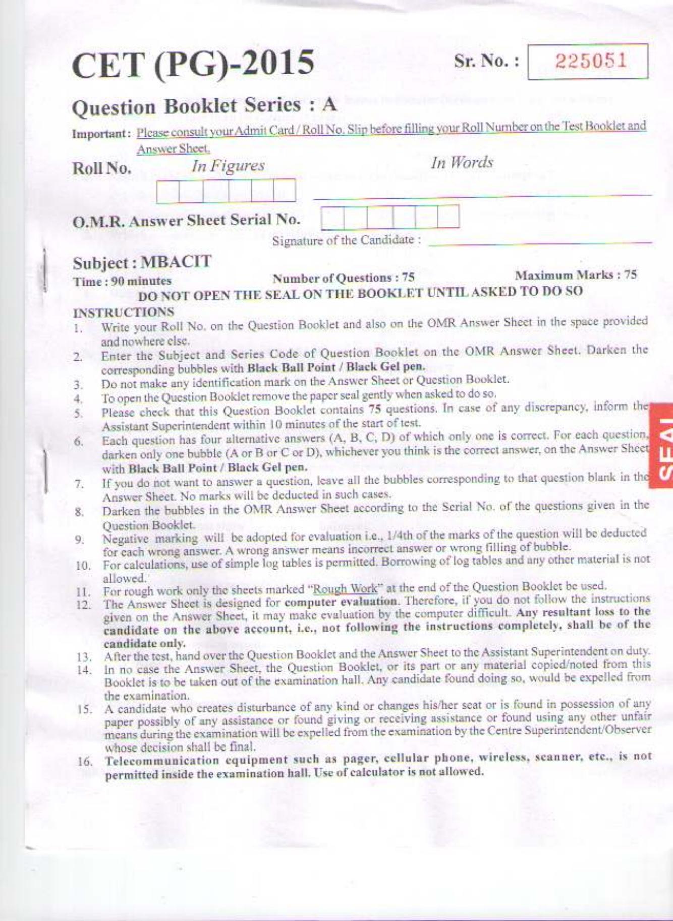 PU CET PG 2015: MBACIT Question Paper - Page 1